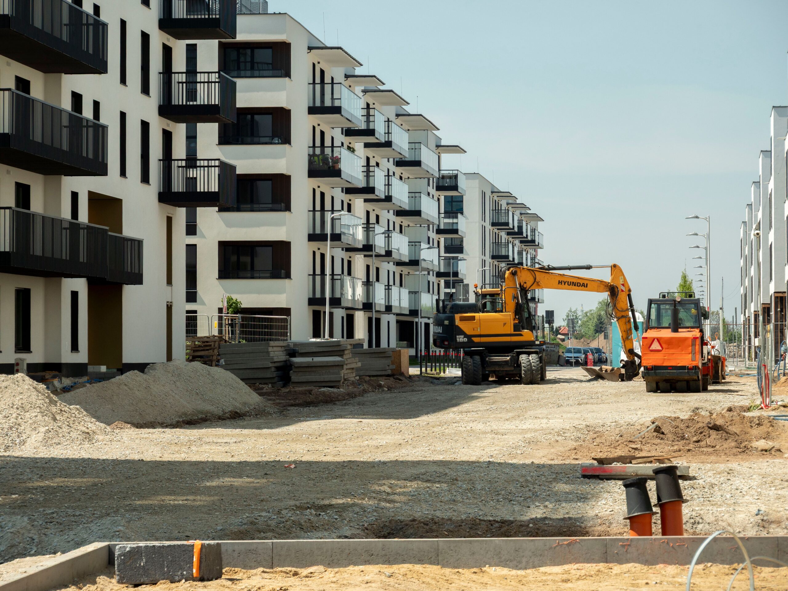 Urban development showing new apartment complexes in Wrocław, Poland.